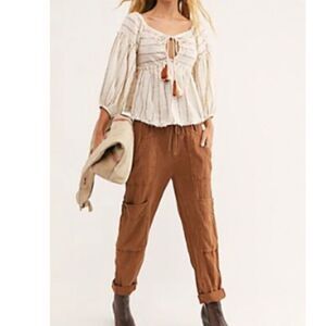 Free People Feel Good Utility Pull On Pants Sz XS Boho Linen Gauzy‎ Brown